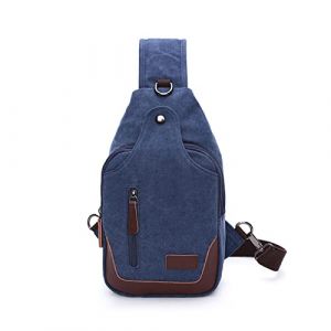 FANDARE Rétro Sac de Poitrine Toile Sac Bandoulière Sling Crossbody Bag Homme Sacoche Sac d'Epaule avec Trou pour écouteur Sacoche de Ceinture pour Voyage Randonnée Crossbody Bag Bleu foncé (OÜ HULGY, neuf)