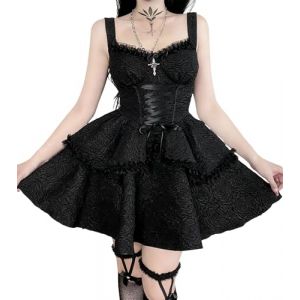 DINGJIUYAN Robe Gothique A-Ligne avec Ourlet Pliss&eacute; et Volant pour Femme - Harajuku &Eacute;t&eacute; Lolita avec Dentelle - Robes Y2K R&eacute;tro Grunge pour Dames, 2-Noir, M (DINGJIUYAN, neuf)