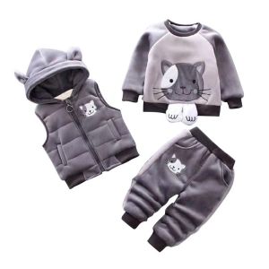 Tenue chaude pour tout-petits enfants &agrave; capuche sans manches gilet costume b&eacute;b&eacute; hiver trois pi&egrave;ces tenues enfant &agrave; manches longues sweat pantalon ensembles b&eacute;b&eacute;s dessin anim&eacute; ours v&ecirc;tements 0-4 ans (Odziezet, neuf)
