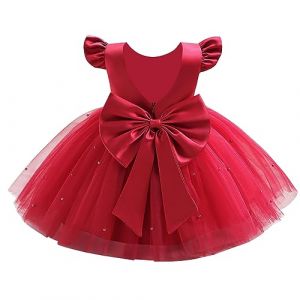 IWEMEK B&eacute;b&eacute; Fille Robe &agrave; Tutu en Tulle &agrave; Manches volant&eacute;es Dos Nu n&oelig;ud Papillon et Perles Robes de f&ecirc;te Anniversaire Mariage Princesse C&eacute;r&eacute;monie Bapt&ecirc;me Premi&egrave;re Communion Rouge 18-24 Mois (IWEMEK, neuf)