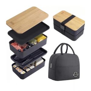 zaraf Bento Lunch Box 2 Couches Boite Repas Compartiment 1200 ml Lunchbox Herm&eacute;tique avec Couverts Kit et Sac Isotherme Repas Boite Bento pour Adultes Enfants Pique-Niques Travail L'&eacute;cole (Noir) (Sunliday, neuf)