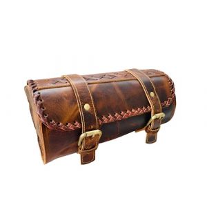 american blue Sacoche de moto vintage en cuir de ch&egrave;vre v&eacute;ritable, fermeture &agrave; boucle &agrave; 2 sangles, sac &agrave; outils marron &agrave; d&eacute;gagement rapide, renforc&eacute;, pour guidon, fourches, sacoche de v&eacute;lo en cuir (American blue, neuf)