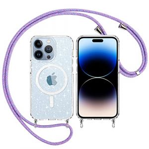 Yoedge Coque Magn&eacute;tique &agrave; Paillettes avec Cordon pour iPhone 15 Plus 6,7&rdquo;-Compatible avec MagSafe &Eacute;tui Colliers Housse Glitter Souple TPU Transparente Brillant Cover pour iPhone 15 Plus Case, Violet (Somin Ivka EU, neuf)