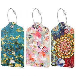 Hnogri Lot de 3 étiquettes à bagages en cuir synthétique pour valise, voyage de croisière avec rabat d'intimité, étiquette d'identification et boucle en métal pour sac à main sac à dos d'école fleurs (Hnogri- FR, neuf)