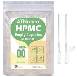 ATNreuro Gélules Vides Végétales Taille 00 (100 unités) - Gélules Vides Végétaliennes à Remplir - Transparent - Végétarien - Capsule Vide avec Micro Cuillère - Idéales pour Vitamines et Compléments (ATNreuro, neuf)