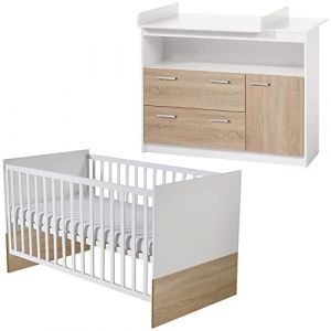 roba Chambre Bébé Duo Gabriella - Lit Évolutif 70 x 140 cm + Commode à Langer - Meubles Certifiés EPH - Blanc / Décor Bois (Kidtini GmbH, neuf)