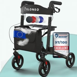 ELONEO D&eacute;ambulateur 4 Roues Pliable L&eacute;ger avec Si&egrave;ge - 8 Hauteurs R&eacute;glables, Cadre en Aluminium, Aide Mobilit&eacute; Pliante 3 Directions avec Sac et Porte-Parapluie, Convient aux Voitures (Noir) (ELONEO, neuf)