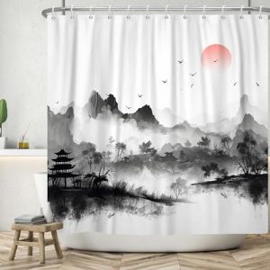 ASDCXZ Rideau de Douche 180x200 cm, Style Chinois Encre et Lavis Peinture Montagne Coucher de Soleil Lavable Textile Rideau Douche imperméable pour Baignoire avec 12 Crochets (Qingjuan Trade, neuf)
