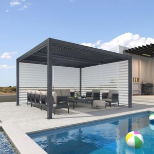 PURPLE LEAF Pergola Bioclimatique 4,24 x 3,68 m Pergola Aluminium avec Stores Enrouleurs des Deux Côtés Tonnelle Jardin Lames Orientables Pergolas Jardin Extérieur, 1 Côté Long et 1 Côté Court, Gris (PURPLE LEAF, neuf)