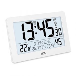 ADE Horloge radiopilotée numérique XL avec très Grands Chiffres | Horloge de Table avec 2 Heures de réveil et éclairage | Thermomètre e Hygromètre | Cadre étroit Blanc (GRENDS GmbH – Great Brands & Trends, neuf)