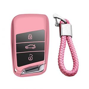 M.JVisun Doux TPU Clef Coque Porte-clés pour Volkswagen Arteon Atlas Golf Alltrack Jetta Passat Pour Tiguan Pour Skoda Kodiaq Superb A7 Intelligent Clé de Voiture - Brillant Rose - Tressé Porte-clés (M.Jvisun.Eu, neuf)