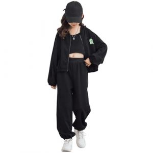 SXSHUN Ensemble de Jogging Enfant Fille 3 pi&egrave;ces Survetement Veste &agrave; Capuche + Gilet Sans Manches + Pantalon de Jogging pour Printemps Automne, Noir, 11 ans-12 ans (SXSHUN-EU, neuf)