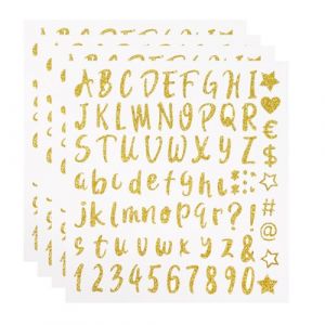 4 Feuilles Lettre Autocollante en Vinyle Alphabet et Chiffre Autocollant Chiffre Pailleté Autocollant Alphabet pour Casquettes Décorations de Remise des Diplômes Cadeau Doré (ZHONGQIAN DE DIAN, neuf)