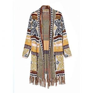 Gilet Femme Hiver Chaud,Vintage Jaune Style Ethnique Chunky Cardigan À Manches Longues Gland Tricoté Pull Manteau Bohème Garder Au Chaud Survêtement Cardigan Mi-Long pour Femme, M (telaikairui, neuf)