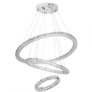 UISEBRT 96W LED Plafonnier Dimmable Design cristal Moderne Cr&eacute;atif Lustre R&eacute;glable en Hauteur Pendentif lampe Trois Anneaux Salle &agrave; Manger Chambre Salon, Blanc Froid [Classe &eacute;nerg&eacute;tique A ++] (Danyang Home, neuf)