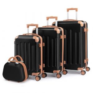LALAHO Set de 4 Valises avec Vanity Case, Valise Grande Taille & Cabine, Petite Valise, ABS avec Coins Renforcés, roulettes Pivotantes 360° (Noir-Marron) (Sarefun, neuf)