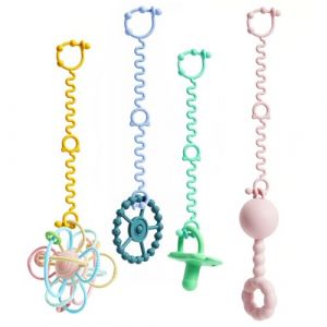 Aihoom 4pcs Attache T&eacute;tine Silicone Sans BPA, Attache-t&eacute;tine et Jouet R&eacute;glable Id&eacute;al pour Poussette, Chaise Haute, Berceau, Sacs - Accessoire B&eacute;b&eacute; S&eacute;curis&eacute; et Pratique (Rose, Bleu, Vert, Jaune) (ZeYingLin, neuf)