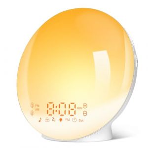 Eveil Lumière LED Radio Réveil Matin Lumineux Lampe de Chevet 20 Niveaux de Luminosité Simulateur d'Aube et Crépuscule 2 Réveils 7 Sons Naturels Fonction Snooze Veilleuse Enfant 11 Couleurs (Jaune) (yantong pan, neuf)