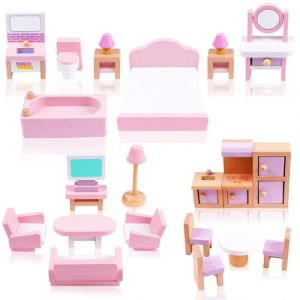 HOTUT Meubles de Maison de Poup&eacute;es, 22 Pi&egrave;ces Ensemble de Jeu Miniature en Bois pour Enfants, Mini Maison/Mini Famille de Poup&eacute;e pour Micro Salon, Chambre, Cuisine (4 Ensembles de Meubles) (AomigEU, neuf)
