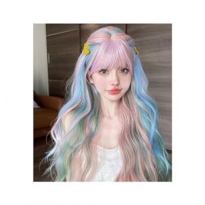 Perruque Naturel Perruque de cheveux ondulés naturels for femmes Cosplay résistant à la chaleur 28 pouces couleur arc-en-ciel irisée perruques synthétiques multicolores avec frange longue Perruque Cou (zengfanjunuk, neuf)