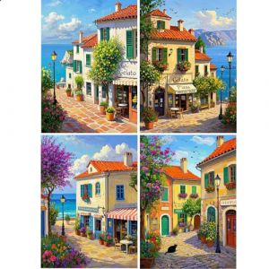 JISHSHAY 4 Pi&egrave;ces Bourgade Bord de Mer Diamond Painting Rond Paysage Diamant Painting Perle Ronde Paysage de Rue Broderie Diamant Bricolage Adulte Kit Broderie Puzzle Adulte Point de Croix 30&times;40 cm (PUTIBUTUI-EU, neuf)