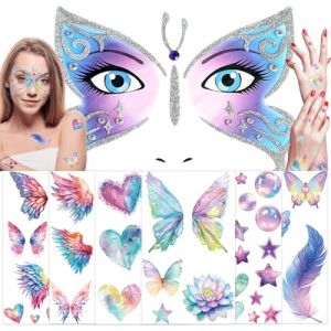 Tatouage Papillon Fleur, 7 Feuilles Tatouage Carnaval, Tatouage Visage Papillon, Tatouage Ephemere, Tatouage Temporaire Femme pour Adultes Enfants Carnaval Maquillage Halloween Noel (MQIAN, neuf)