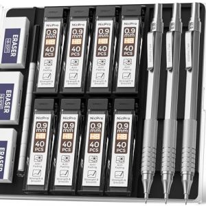 Nicpro 3 Pièces Automatique Porte-Mines, Crayon Mécanique Criterium 0.9 mm avec 6 Tubes de Recharge et Gommes, Porte Mine pour écrire Rassembler, Dessin, Sketch, Come avec étui (NicproShop EU, neuf)