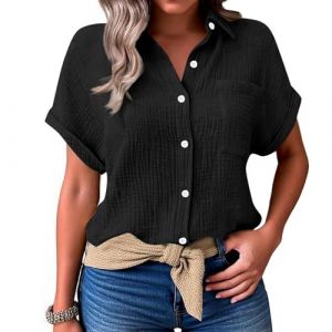 Chemisier Femme Manches Courtes Col V Boutons et Poches Chemise Gaze de Coton Blouse Femme Chic et &eacute;l&eacute;gant Tunique Lin Grande Taille L&acirc;che Respirant Haut Ete, Noir, XXL (Zawalud, neuf)