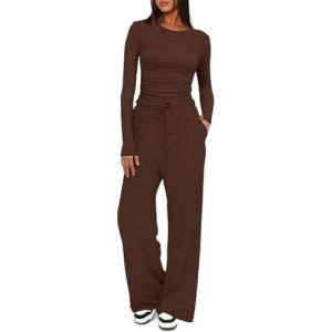 OLIPHEE Ensemble Femme 2 Pièces Haut Manches Longues et Pantalon Fluide Jambe Large Ensemble Chic et Elegant Survêtement Femme Combinaison Outfit Yoga Fitness Jogging Marron Foncé XL (oliphee, neuf)