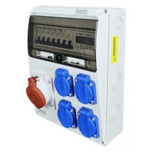 RoadEu - Coffret de Chantier, Distributeur mural. Prise CEE 32A et 4x 230V. Distributeur de courant avec compteur et disjoncteur. Tableau électrique avec indicateur de consommation d'énergie (RoadEu, neuf)