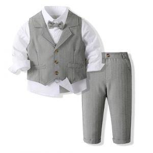 Yaopelky Ensemble de Costume Formel pour b&eacute;b&eacute; gar&ccedil;on avec Gilet et n&oelig;ud Papillon, Robe, Chemise, Pantalon, Tenues de Mariage pour gar&ccedil;ons, Gris, 4 Ans (Yaopelky, neuf)