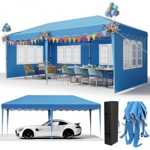 3x6m Tonnelle de Jardin Pliable, Barnum Pliant Extérieur avec 4 Parois Amovibles et 6 PCS Sacs de Sable,Tonnelle Pop-up de Imperméable, Anti-UV 50+, Reception Fête Camping Plage Mariage, Bleu (Dorigod Trading Limited, neuf)