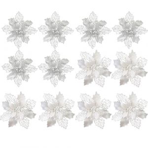 Zynewa Lot de 12 fleurs de Noël à paillettes - Décoration de sapin de Noël - Décoration de sapin de Noël - Pour Noël, mariage, Nouvel An (6 blancs + 6 argentés, 9 cm) (OuMeiLe-EU, neuf)