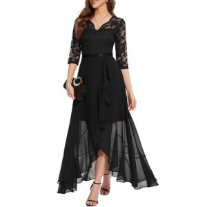 Bboninedress Robe Princesse Fille de Soirée Cocktail Femme Longue Asymétrique pour Gala Fiançailles Demoiselle d'honneur Mariage Invité Anniversaire Cérémonie Baptême Col en V Manches 3/4 Black S (Bbonlinedress, neuf)