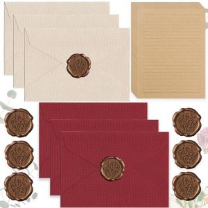 Lot de 32 feuilles de papier &agrave; lettre vintage avec 6 enveloppes en lin et sceau de cire 20 feuilles A5 vintage en papier kraft pour anniversaire, invitation, cartes de v&oelig;ux (Mlczwt, neuf)