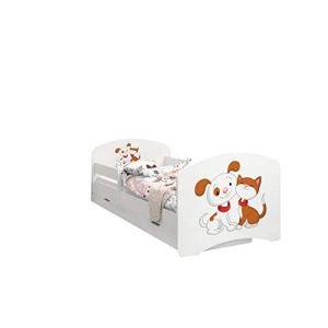 Happy Babies - LIT D'ENFANT DOUBLE FACE AVEC TIROIR Design moderne avec bords s&eacute;curis&eacute;s et matelas en mousse antichute 7 cm (Chien et chatons, 180x90) (EuroTrip, neuf)