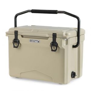 GYMAX Glacière Rigide 21 L, Glacière Portable Isolée, avec Poignée en Aluminium, Porte-Gobelets, Décapsuleur, Rétention de Glace de 5 à 7 Jours, pour Plage, Camping, Randonné, Pique-Nique (Kaki) (GYMAX EU, neuf)