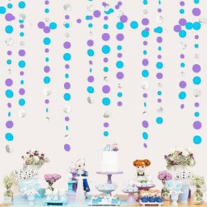 46Ft Décorations de fête La Reine des Neiges Argenté Violet et Bleu Cercle Points Guirlande Papier à Suspendre Banderole pour l'hiver au Pays des Merveilles Noël Anniversaire Mariage Bapteme Decor (MZY Co., Ltd, neuf)