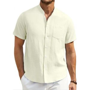 Enlision Chemise Lin Homme Manches Courtes Casual Chemise Beige Lin Coton Homme Ete Henley Chemisette Col Mao Ample pour &Eacute;t&eacute; Plage Mariage M (MXECEUR, neuf)