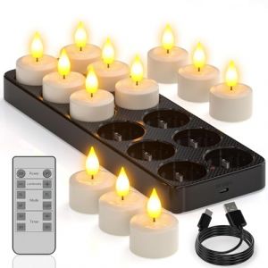 Yme Lot de 12 bougies chauffe-plat rechargeables avec fonction minuterie et station de charge - Bougies LED rechargeables - Bougies vacillantes avec télécommande - Minuterie pour chambre, salon, (YmeDirect-EU, neuf)