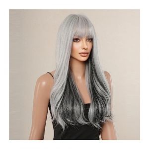 Perruques pour femmes Gris bleu Ombre synthétique Cosplay perruques longue perruque de cheveux naturels ondulés avec une frange for les femmes perruques de fibres résistantes à la chaleur Perruque pou (mengliouzhou, neuf)