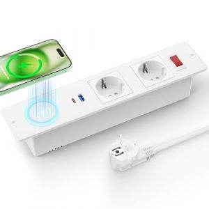 Prise Encastrable Plan de Travail USB C PD 20W, Bloc Prise Encastrable avec Interrupteur sans Fil 15W, 2 Prise Encastrable de Table avec Câble 1.8m, Prise de Table, Multiprise pour Meuble, Blanc (Airmom, neuf)