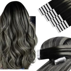 YoungSee Extension Cheveux Naturel Adhesif Ombré 40 cm Extension Cheveux Adhesive Invisible Ombre Bande Adhesive Extension Noir à Silver Peut être Bouclé 20pcs 50g Augmenter le Volume des Cheveux (YoungSee Europe, neuf)
