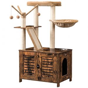 HOOBRO Arbre à Chat, Maison de Toilettes pour Chat avec Volets battants et Poteau à Griffe, Meuble en Bois d’ingénierie, Design Cache-litière, 56 x 48 x 112 cm, Marron Rustique EFG48MZ03 (HOOBRO FR, neuf)