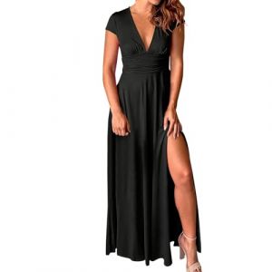 Robe De Soir&eacute;e Femme D&eacute;Collet&eacute; en V Profond- Robe Longue Manches Courtes &agrave; Taille Haute Fendue Maxi Robes Chic Et &eacute;L&eacute;Gant pour Princesse Cocktail Bal De Promo Anniversaire C&eacute;R&eacute;Monie Dress (LOSSLO(Livraison 5-14 jours), neuf)
