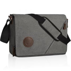 Eshow Sacoche Homme Bandouliere Imperm&eacute;able, Sac Bandouli&egrave;re Besace Homme pour Ordinateur 13" Sacs d'&eacute;paule en Toile et Cuir C&eacute;ritable Vintage pour Travail Voyage Loisirs Bureau Universit&eacute; Gris (HomyFy, neuf)