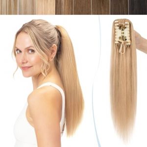Postiche Queue de Cheval Blonde Naturel - Queue de Cheval Extension Vrai Cheveux Blond - Rajout Que de Cheval Cheveux Humain - 45CM 27#Blond Fonc&eacute; [Pince A Griffe] 18 pouce (Lenka Fashion Mode, neuf)