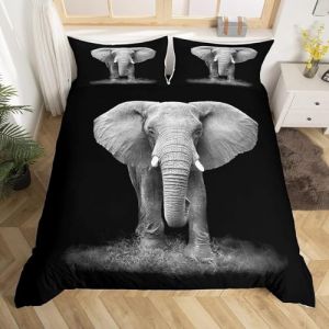 Homemissing Éléphant Housse de Couette Animaux Sauvages et 3D Vif décor Animal Noir Gris Housse de Couette 140x200cm avec 1 taies d'oreiller, Fermeture à glissière, Style Exotique thème Parure de Lit (Bofanshangmao, neuf)