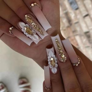 Faux ongles, ongles à presser Faux ongles longs en forme de cercueil avec colle, faux ongles marron portables avec strass, presse de Ballet, couverture complète(61) (zhangtingamz, neuf)