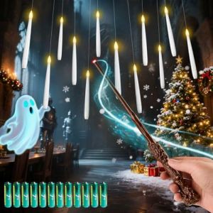 MOZC Bougie Flottante avec Baguette magique, 12pcs Cierges Magiques avec 13 AAA Batteries, LED Bougies avec fonction de minuterie 6H, Clignotant bougie f&ecirc;te d'anniversaire Cadeau No&euml;l D&eacute;coration (MOZC, neuf)